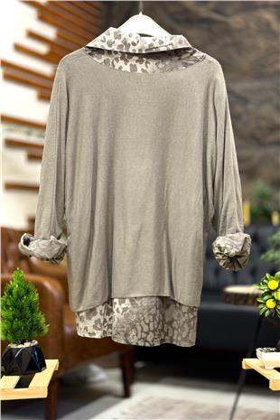 Leopar Desen Gömlekli Triko Bluz