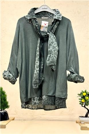 Leopar Desen Gömlekli Triko Bluz