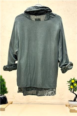 Leopar Desen Gömlekli Triko Bluz