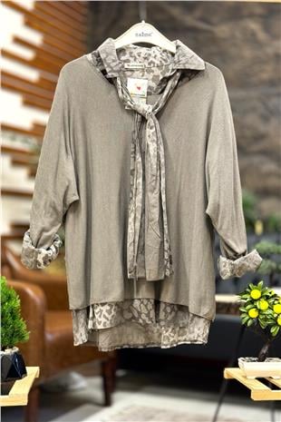 Leopar Desen Gömlekli Triko Bluz