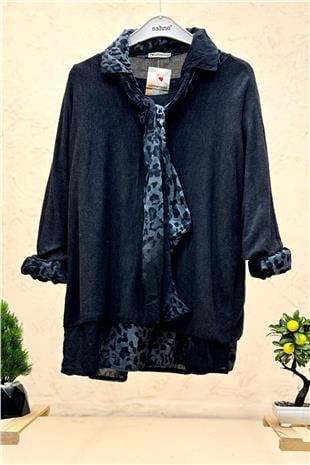 Leopar Desen Gömlekli Triko Bluz