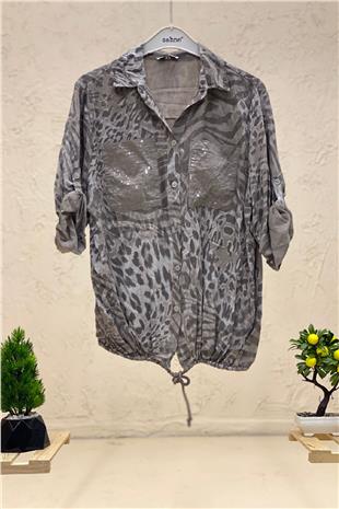 Leopard Print Sequin Detailed Voile Shirt