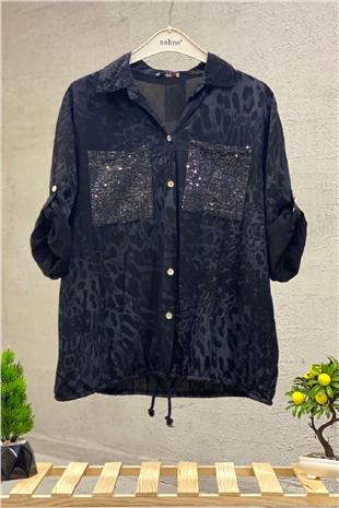 Batik Leopar Desen Pul Detaylı Vual Gömlek