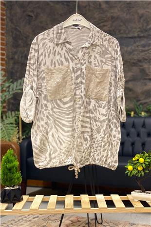 Batik Leopar Desen Pul Detaylı Vual Gömlek