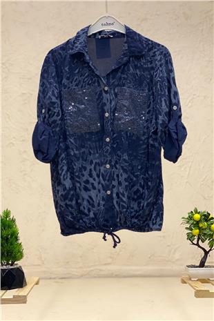 Batik Leopar Desen Pul Detaylı Vual Gömlek