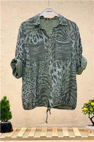 Batik Leopar Desen Pul Detaylı Vual Gömlek