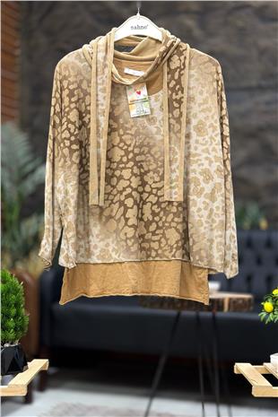 Leopar Desen Sim Detaylı Şallı İkili İthal Bluz