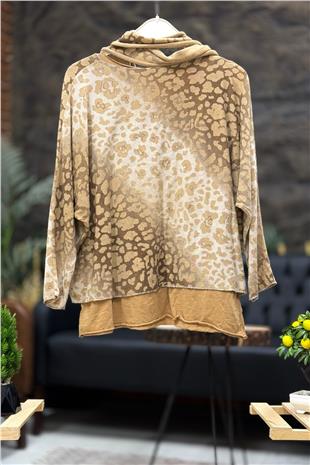 Leopar Desen Sim Detaylı Şallı İkili İthal Bluz