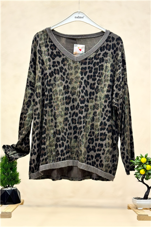 Leopar Desen V Yaka Simli İthal Bluz