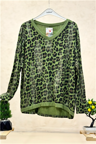 Leopar Desen V Yaka Simli İthal Bluz