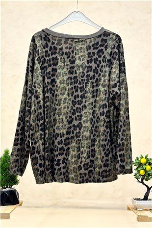 Leopar Desen V Yaka Simli İthal Bluz