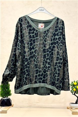 Leopar Desen V Yaka Simli İthal Bluz