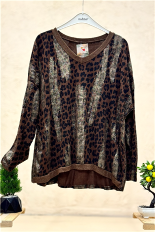 Leopar Desen V Yaka Simli İthal Bluz