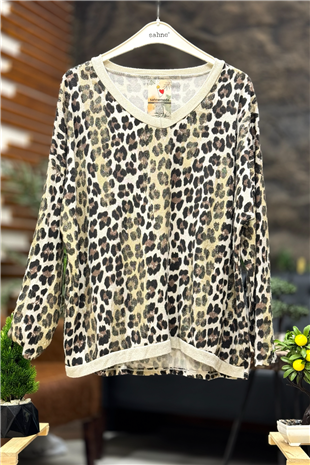 Leopar Desen V Yaka Simli İthal Bluz