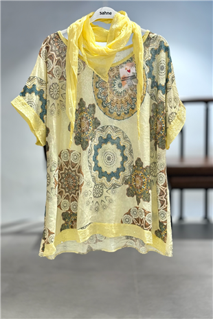 Mandala Desen Kısa Kol Şallı İthal Bluz