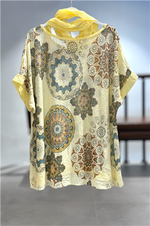 Mandala Desen Kısa Kol Şallı İthal Bluz