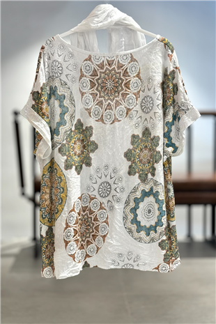 Mandala Desen Kısa Kol Şallı İthal Bluz