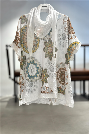 Mandala Desen Kısa Kol Şallı İthal Bluz