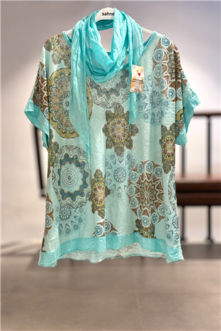 Mandala Desen Kısa Kol Şallı İthal Bluz