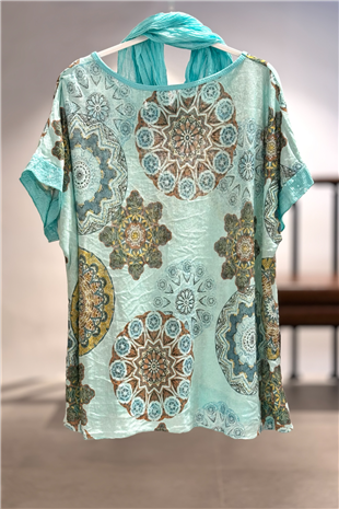 Mandala Desen Kısa Kol Şallı İthal Bluz