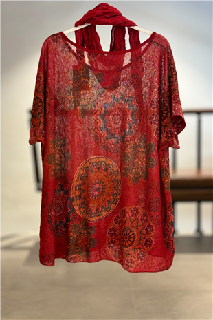 Mandala Desen Kısa Kol Şallı İthal Bluz