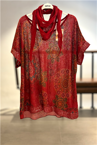 Mandala Desen Kısa Kol Şallı İthal Bluz