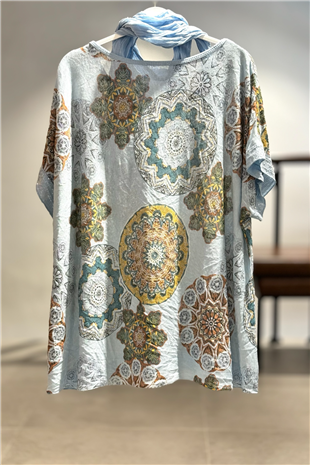 Mandala Desen Kısa Kol Şallı İthal Bluz