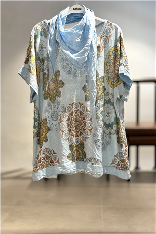 Mandala Desen Kısa Kol Şallı İthal Bluz