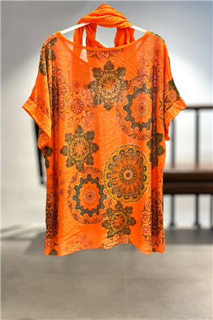 Mandala Desen Kısa Kol Şallı İthal Bluz