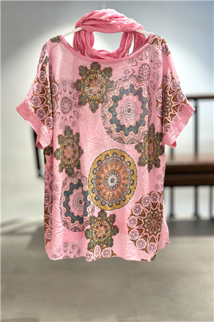Mandala Desen Kısa Kol Şallı İthal Bluz