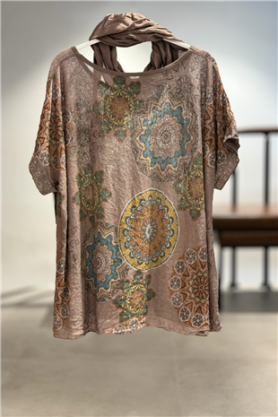 Mandala Desen Kısa Kol Şallı İthal Bluz