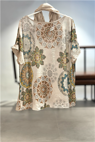 Mandala Desen Kısa Kol Şallı İthal Bluz