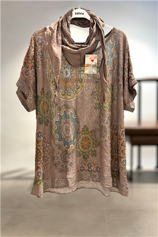 Mandala Desen Kısa Kol Şallı İthal Bluz