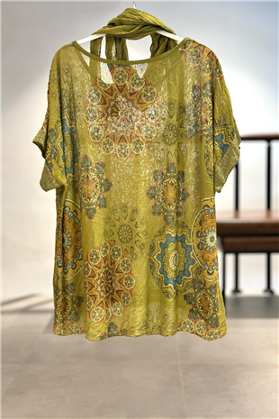 Mandala Desen Kısa Kol Şallı İthal Bluz