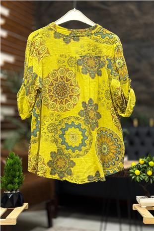 Mandala Ve Çiçek Desen Hakim Yaka Keten Gömlek