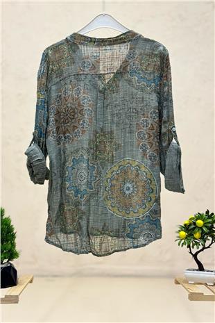 Mandala Ve Çiçek Desen Hakim Yaka Keten Gömlek