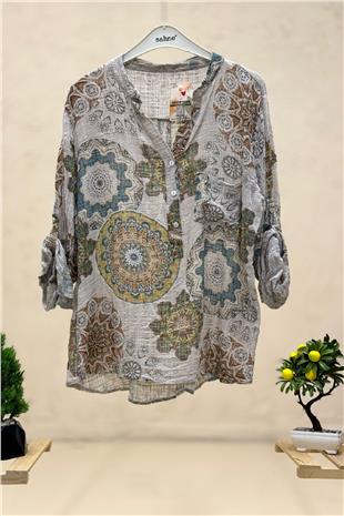 Mandala Ve Çiçek Desen Hakim Yaka Keten Gömlek