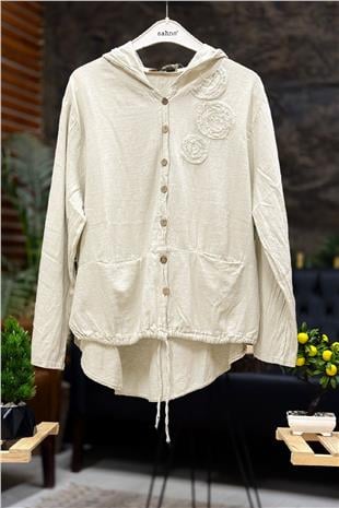 Nakış Aksesuarlı Kapşonlu Cepli Keten Gömlek