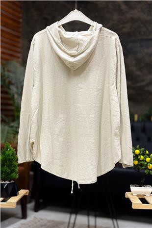 Nakış Aksesuarlı Kapşonlu Cepli Keten Gömlek