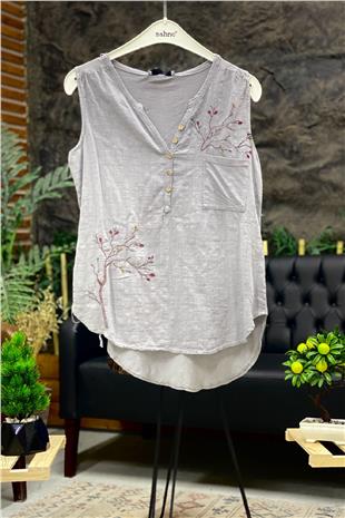 Embroidered Sleeveless Linen Blouse
