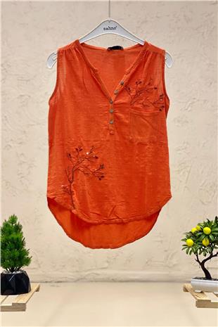 Embroidered Sleeveless Linen Blouse