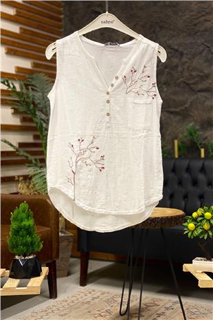 Embroidered Sleeveless Linen Blouse