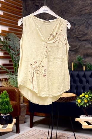 Embroidered Sleeveless Linen Blouse