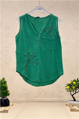 Embroidered Sleeveless Linen Blouse