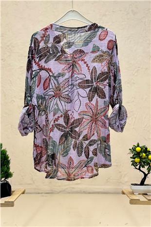 Noktalı Yasemin Desen Düğmeli Keten Gömlek