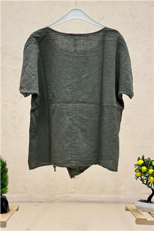 Ön Çapraz Düğmeli Tek Cep Kısa Kol Oversize Bluz