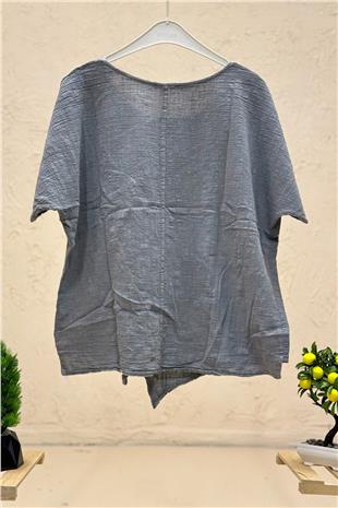 Ön Çapraz Düğmeli Tek Cep Kısa Kol Oversize Bluz