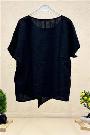 Ön Çapraz Düğmeli Tek Cep Kısa Kol Oversize Bluz
