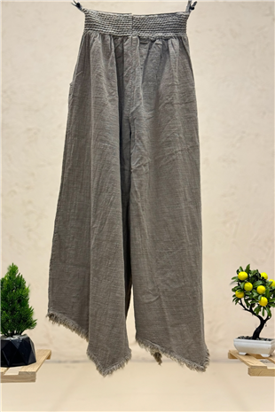 Paça Tüy Nakışlı Bol Paça Keten Pantolon