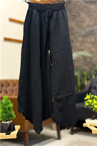Paça Tüy Nakışlı Bol Paça Keten Pantolon